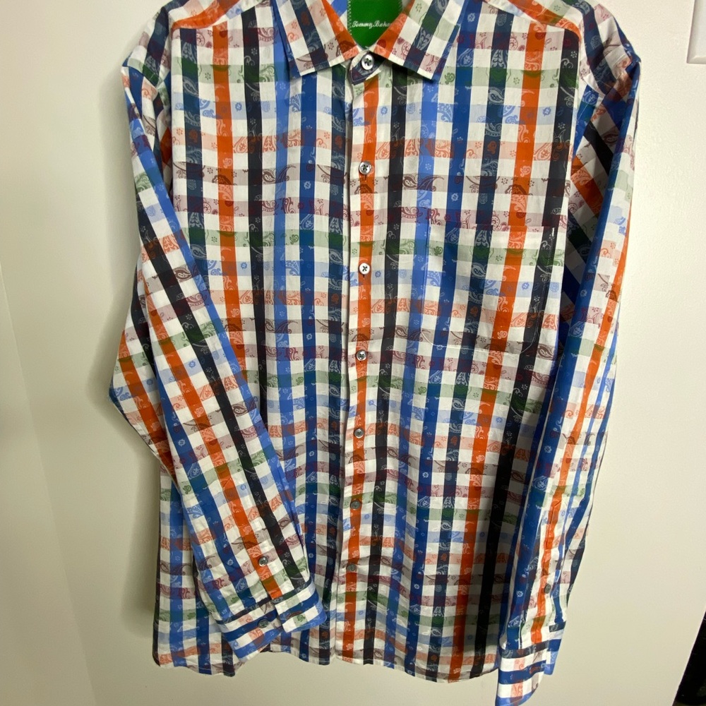 Tommy Bahama size L, long sleeve blue/black/red/green plaid with accent collar